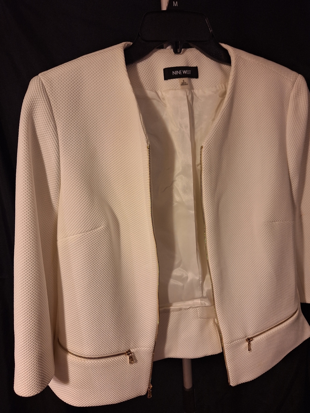 Nine West Cream Collarless Textured Zip Blazer with Gold Accents